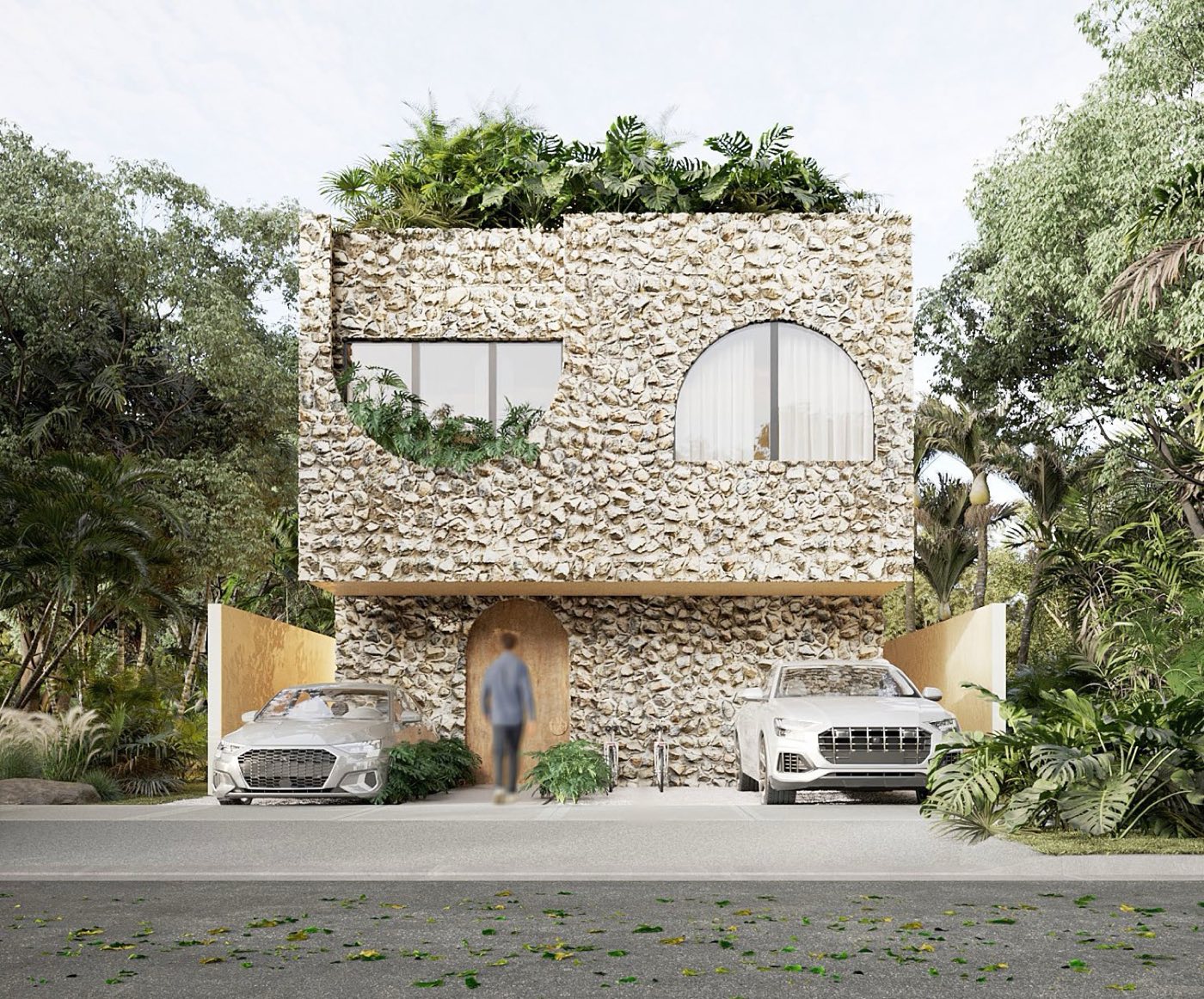 Fachada de piedra con vegetación en azotea